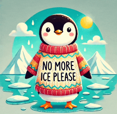 a penguin wearing a sweater says no more ice please