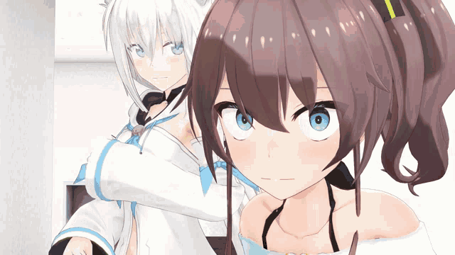 two anime girls are standing next to each other and one has brown hair
