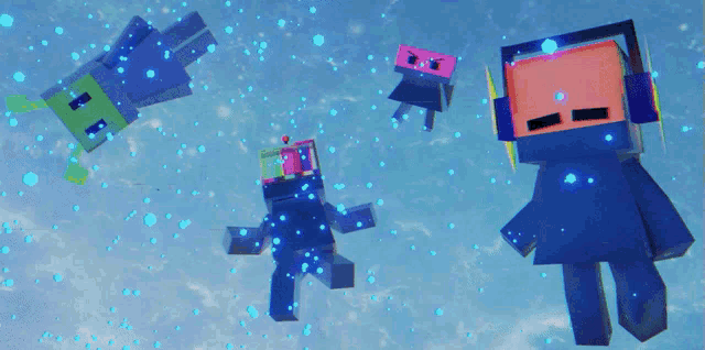 a group of minecraft characters are flying in the air