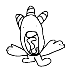 a black and white drawing of a cartoon monster with horns .