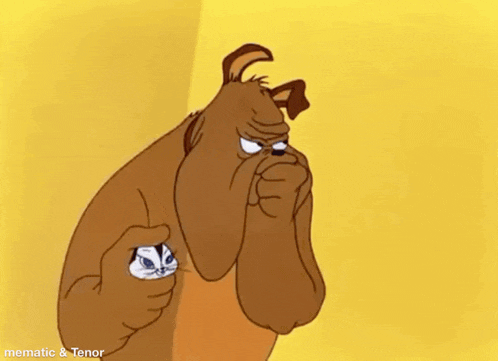 a cartoon dog is covering his nose while holding a kitten .