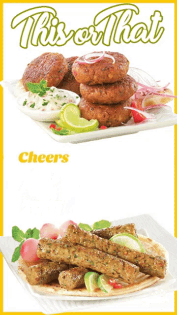 two plates of food with the words this or that cheers above them