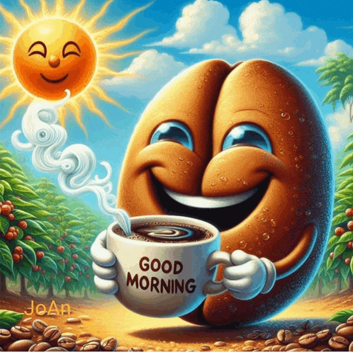 a cartoon illustration of a coffee bean holding a cup that says good morning