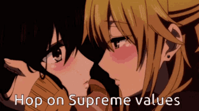 a picture of two anime girls with the words hop on supreme values