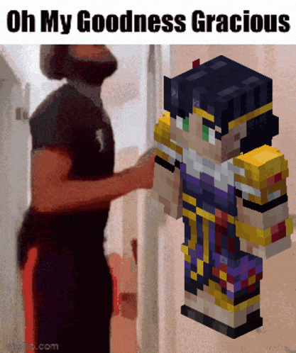 a man standing next to a minecraft character that says oh my goodness gracious