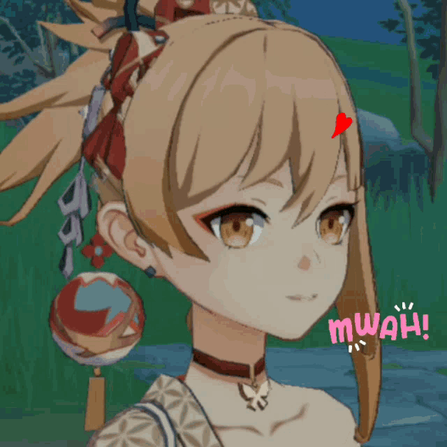 a close up of a girl 's face with a heart on her forehead and the word mwah below her