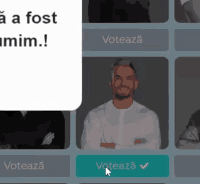 a picture of a man with his arms crossed and a button that says voteaza