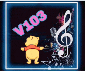 winnie the pooh is dancing in front of a treble clef and the word v103