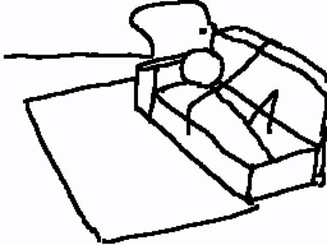 a black and white drawing of a stick figure sitting on a bed .
