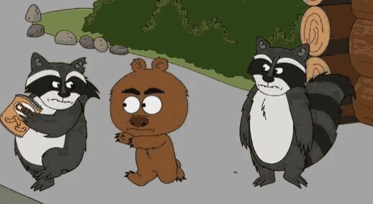 a cartoon of three raccoons and a bear with a bag of peanuts