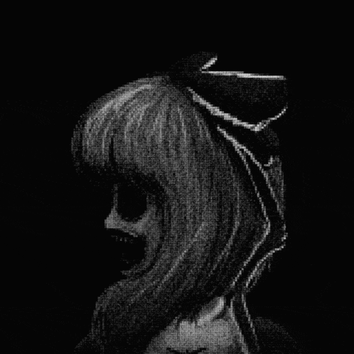 a black and white photo of a girl with a bow in her hair .