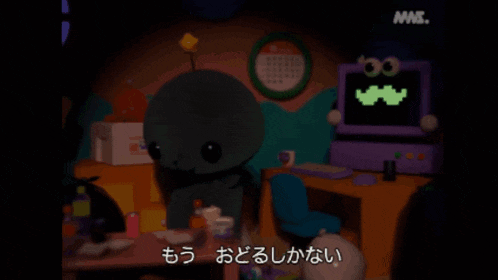 a cartoon character with a mustache is standing in front of a computer and says mas