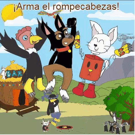 a cartoon of a dog a chicken and a cat with the words arma el rompecabezas