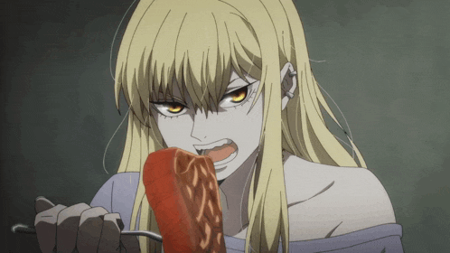 a woman with yellow eyes is eating a large piece of meat