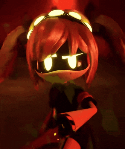 a cartoon character with red hair and glowing eyes is standing in the dark