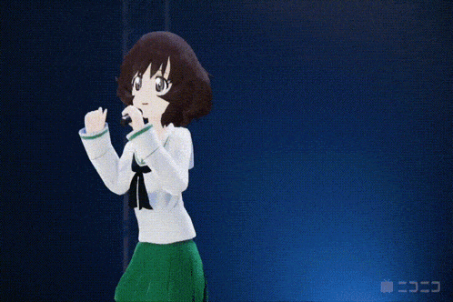 a girl in a white shirt and green skirt is standing in front of a blue background with the letters ccc on it