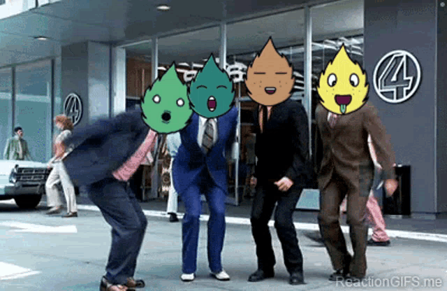 a group of men in suits are dancing in front of a building with a 4 on it