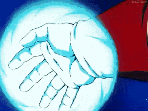 a person 's hand is reaching out towards a blue light .