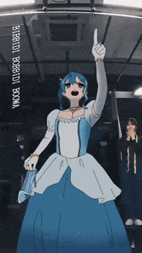 a girl in a blue and white dress is holding up her finger