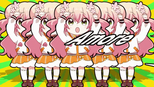 a bunch of little girls are standing in a row and the word amore is on the yellow background