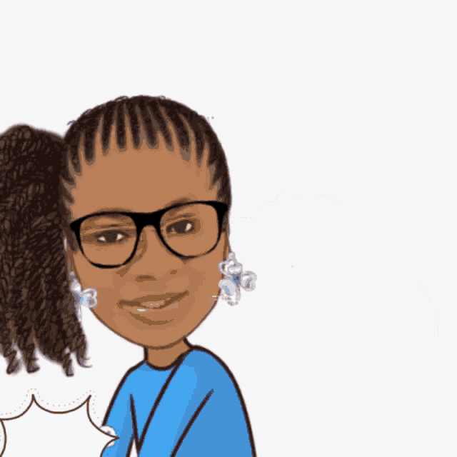 a cartoon drawing of a woman wearing glasses and a blue shirt