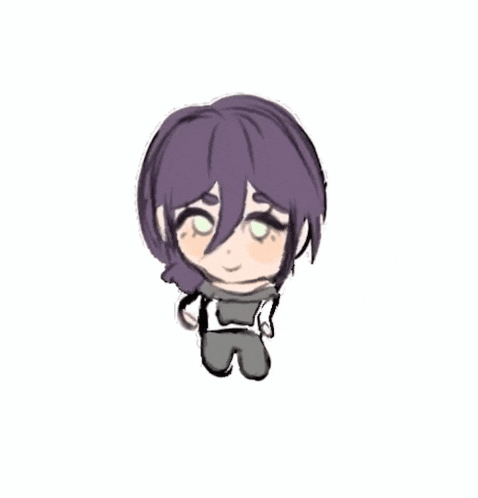a drawing of a chibi girl with purple hair and green eyes