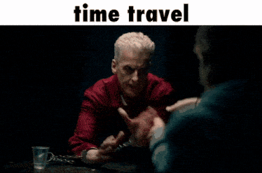 a woman in a blue hoodie is pointing at the camera with the words time travel below her