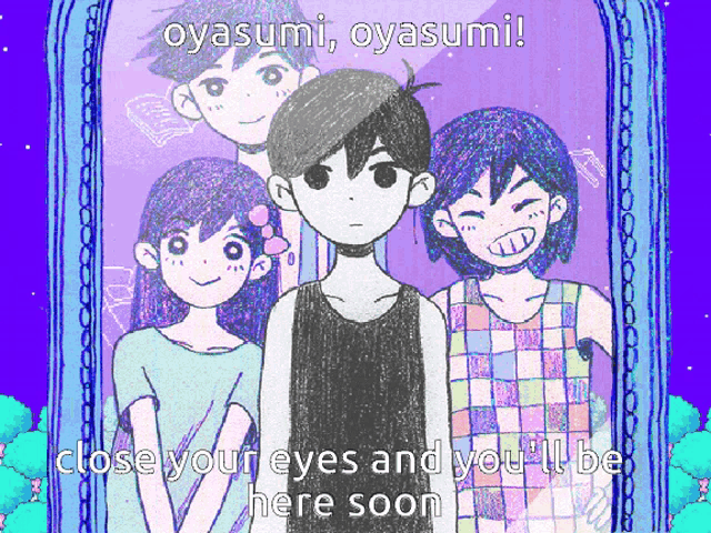 a group of anime characters standing next to each other with the caption " oyasum "