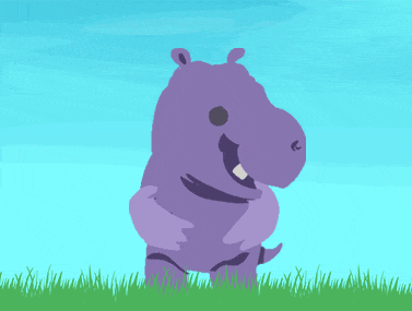 a purple hippopotamus is standing in a field of grass