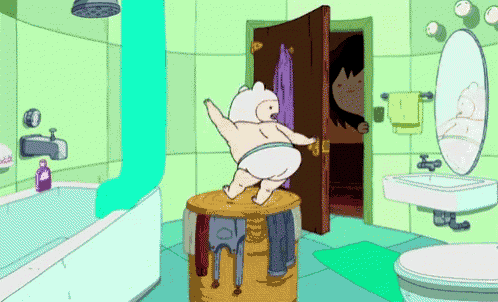 a cartoon character is standing on top of a bucket in a bathroom .