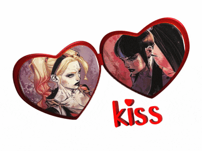 a couple of hearts with the word kiss in red