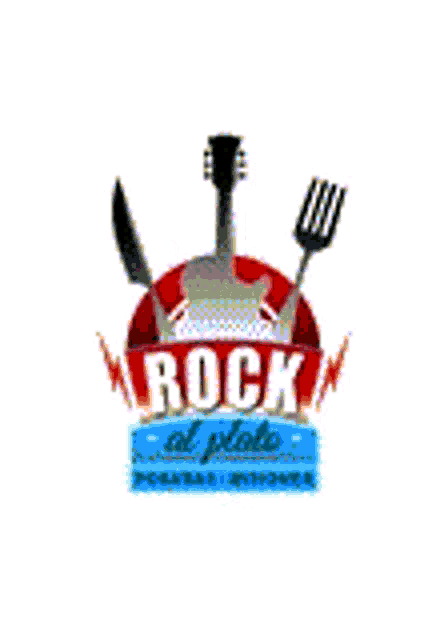 a logo for a restaurant with a guitar , fork , and knife on it .