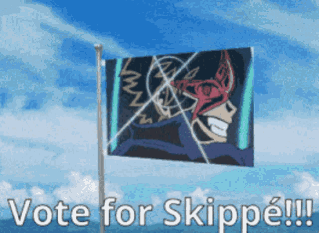 a flag with a picture of a man and the words vote for skippe on it