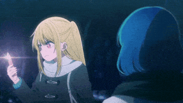 two anime girls are standing next to each other and one is holding something