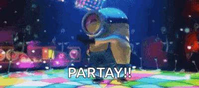 a minion is dancing on a colorful dance floor with the words `` partay ! ''