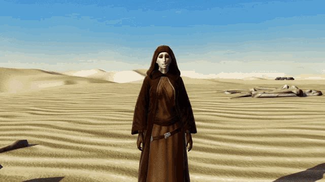 a woman in a brown robe with a hood stands in the desert