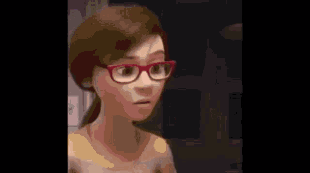 a close up of a cartoon character with glasses making a surprised face .