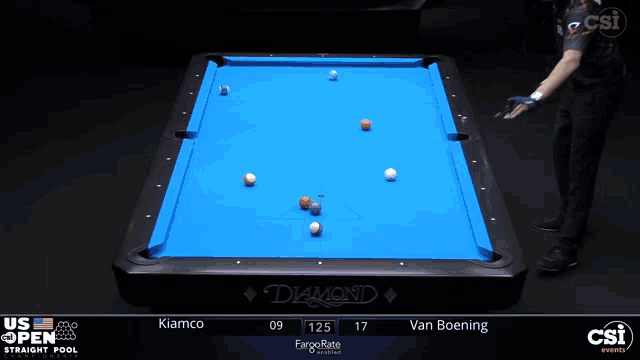 a man is playing pool on a blue diamond pool table