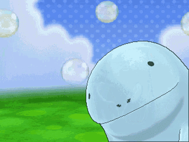 a cartoon character is standing in a field with soap bubbles floating in the background