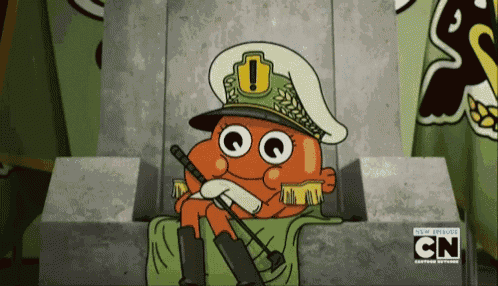 a cartoon character from the amazing world of gumball is sitting on a throne with a gun