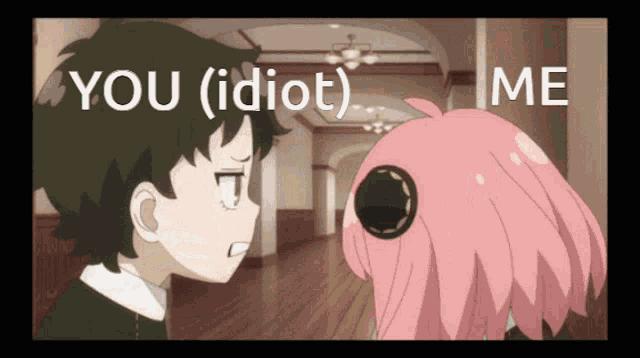a boy and a girl are looking at each other with the words " you ( idiot ) me " below them