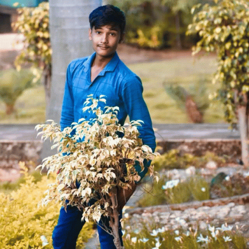 a boy in a blue shirt is holding a plant in his hands