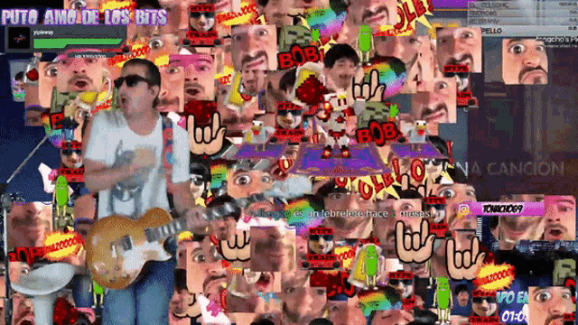 a man is playing a guitar in front of a screen that says puto amo de los bits on it