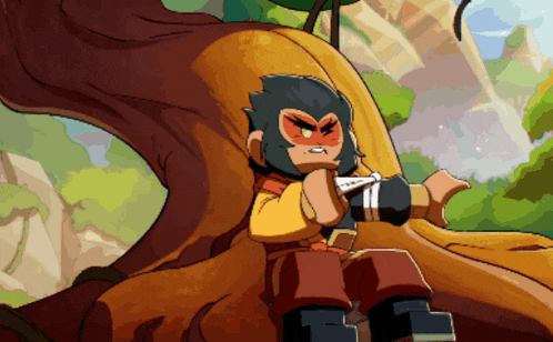 a cartoon character is sitting on a tree trunk
