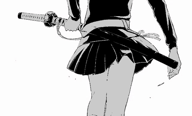 a black and white drawing of a girl in a skirt holding a samurai sword .