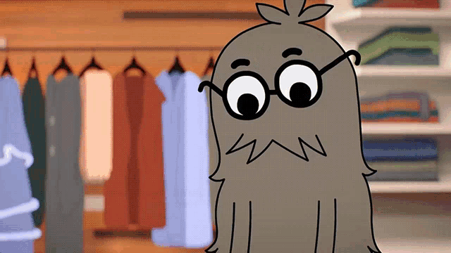a cartoon character wearing glasses stands in front of a closet