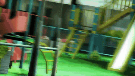 a cartoon drawing of a playground with a slide and stairs