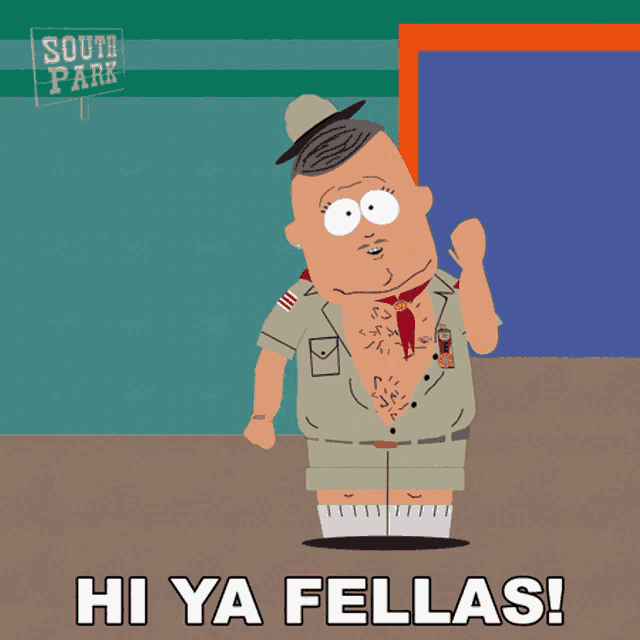a cartoon of a boy scout with the words hi ya fellas below him
