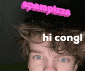 a man 's head with the words spampizza and hi congl on it