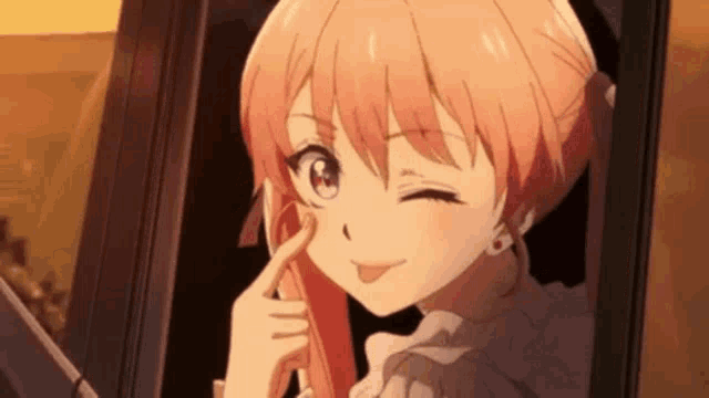 a pink haired anime girl is looking out of a window and smiling .